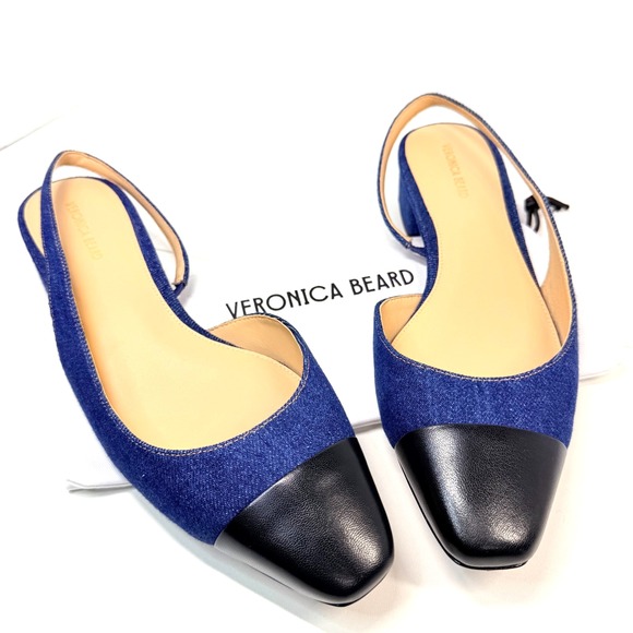 Veronica Beard Cecile Denim Cap Toe Slingback Heels Women's 9 Leather Italy NEW - Picture 2 of 9
